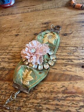Green Embroidered Floral Statement Bracelet with Pink Resin Flower I have loved
